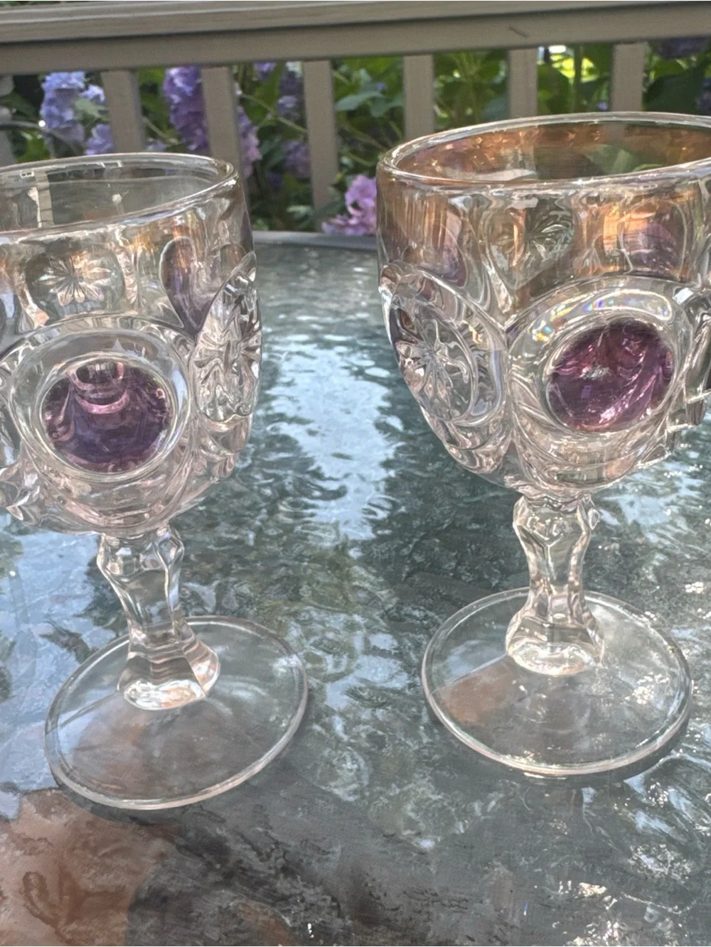 Vintage Clear Hobnail Goblets with Purple Jewel Centers 4.5x2.5 inches